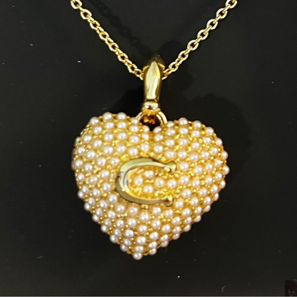 Coach Pearl Puffed Gold Heart Locket Necklace